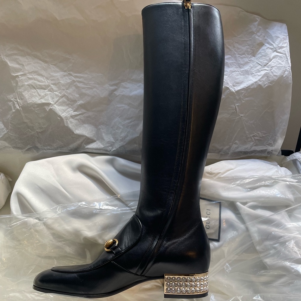 Gucci leather knee high boots with crystallized rhinestones at heel.